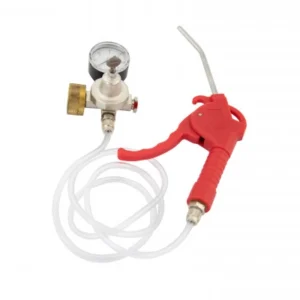 CO₂-kit för biodling bestående av tryckregulator, slang, manometer och röd doseringspistol – anpassad för 425 g Sodastream-patroner