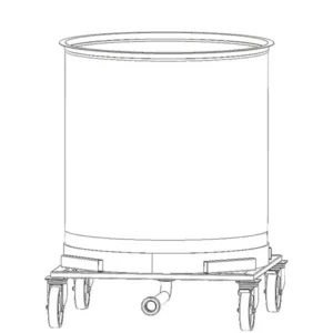Stor rostfri behållare med tätslutande lock, konvex botten och stativ på hjul – kapacitet 1000 kg.
