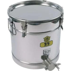 Rostfri behållare på 25 kg med lufttätt lock, spännrem och tappkran.