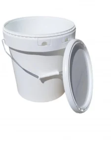 Vit 17 liters plastspann med handtag och avtagbart lock, anpassad för förvaring av honung eller andra produkter