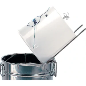 Kraftig hinkhållare i rostfritt stål, håller honungshinken lutad vid tappning Kraftig hinkhållare i rostfritt stål, håller honungshinken lutad vid tappning