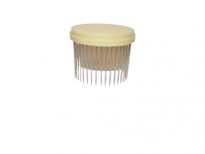 Nålbur med plastlock och metallnålar för infångning och tillfällig förvaring av drottningar på ramen.