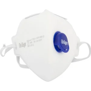 Vit FFP3 skyddsmask från Dräger med blå ventil, används vid oxalsyrebehandling i biodling