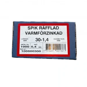 Förpackning med ca 1000 st varmförzinkade räfflade spik 30 x 1,4 mm.