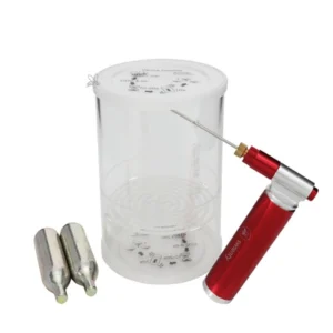 Komplett set med varroa testburk, CO₂-dispenser i röd aluminium och två CO₂-patroner på 16 gram