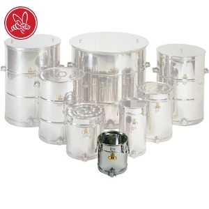 Rostfri behållare för 25 kg honung, med löst lock, fallhandtag och fastsvetsad kran i botten.