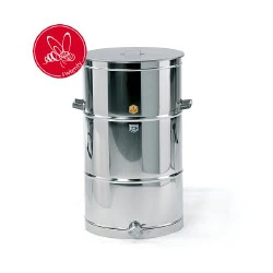 Rostfri ståltunna 300 kg med konisk botten och utlopp i mitten, utrustad med löst lock och tappkran i botten.