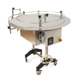 Automatiskt rundbord i rostfritt stål med höjdjustering och hjul, anpassat för tappmaskiner vid honungspåfyllning.