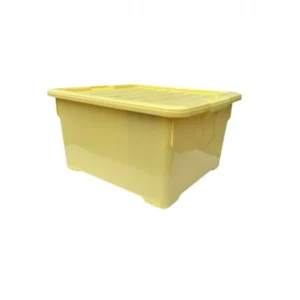 Gul plastlåda med lock, hjul och handtag för förvaring av 10 LN-ramar.