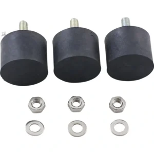 Tre gummifötter med skruv, mutter och brickor för montering på honungsslunga. Skyddar golv och minskar vibrationer.