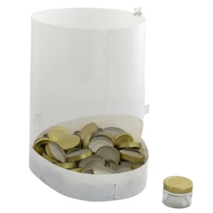 Manuell lockdispenser i vit plast fylld med guldfärgade lock, används med lockmonterare för enkel hantering.