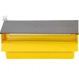 Gul och grå pollenfälla i plast med galler och uppsamlingslåda, avsedd för montering framför bikupans fluster.