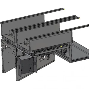 Pneumatiskt ramstativ i rostfritt stål som placeras efter slungan för att ta emot och sortera ramar automatiskt.