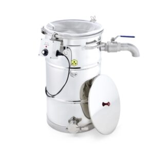 Kontinuerligt silsystem i rostfritt stål för 125 kg honung med värmespiral, sil och utlopp.