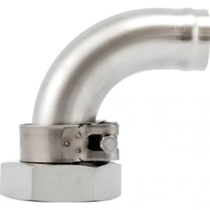 Rostfri böjd slanganslutning 1 ½ tum med kopplingsmutter, utformad för anslutning till tank eller tappmaskin.