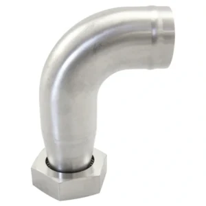 Böjd slanganslutning i rostfritt stål, 90° vinkel, 1½–2 tum, för anslutning mellan slang och tank eller tappmaskin.