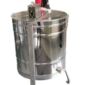 Motordriven honungsslunga i rostfritt stål med röd motor, vevreglage och tappkran – modell LP’s T-4 DB.