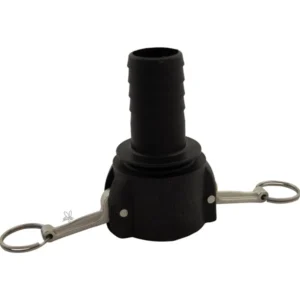 Svart snabbkoppling 1½ tum med metallarmar för enkel anslutning till slang eller behållare.