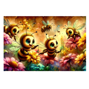 Färgglad illustration av söta bin med stora ögon som flyger och leker bland blommande blommor i varma honungsnyanser.