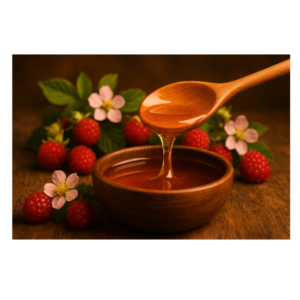 AI-designad poster med gyllene honung som rinner från träsked ner i träskål, omgiven av hallon och blommor.