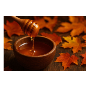 AI-designad poster med honung som rinner från honungsslev ner i träskål, omgiven av orange och röda höstlöv.